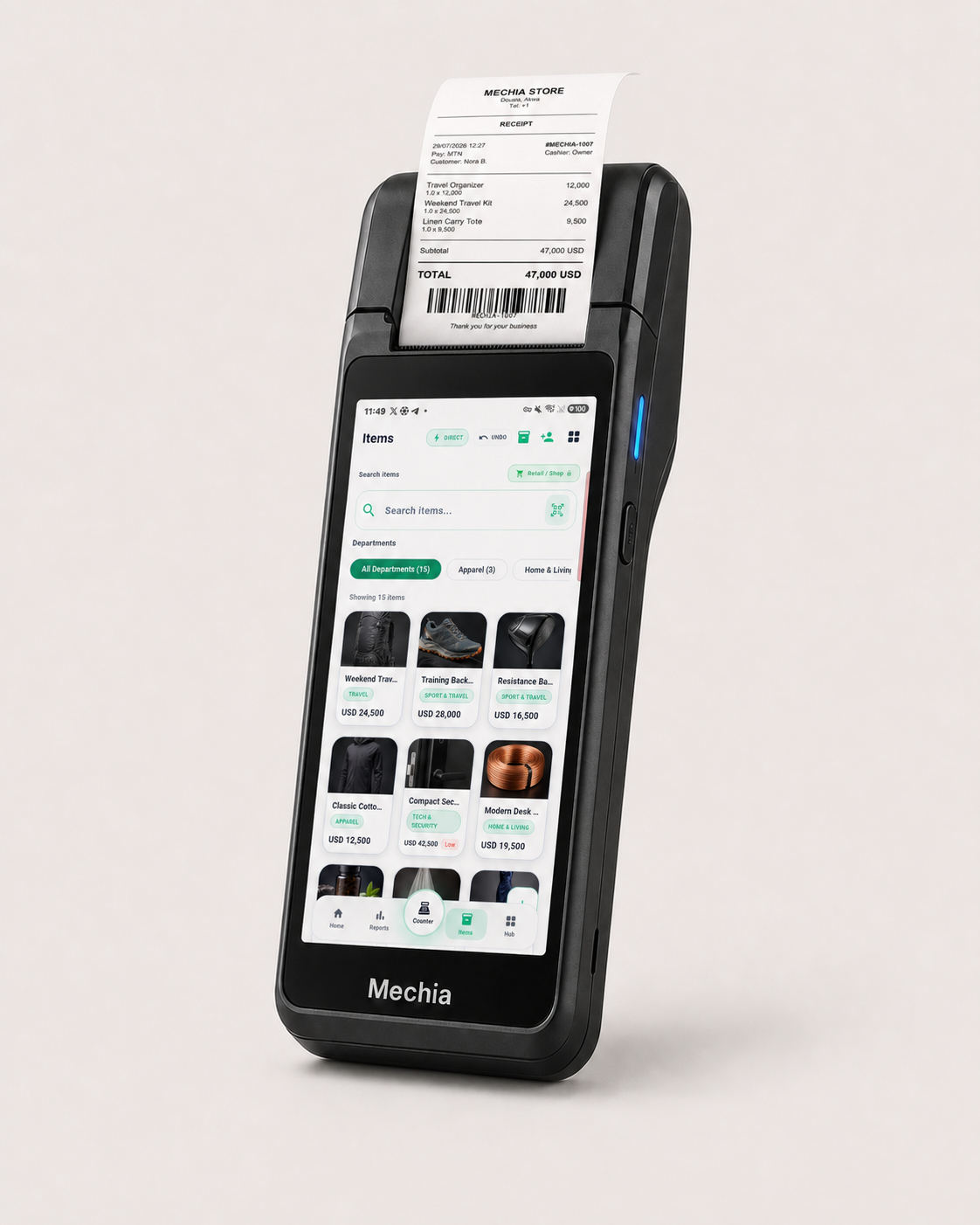 Mechia Android POS showing the real items workspace and Mechia Store receipt