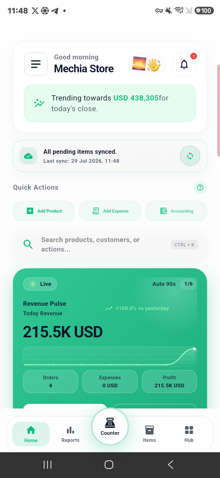Mechia Store retail dashboard captured on a Samsung phone