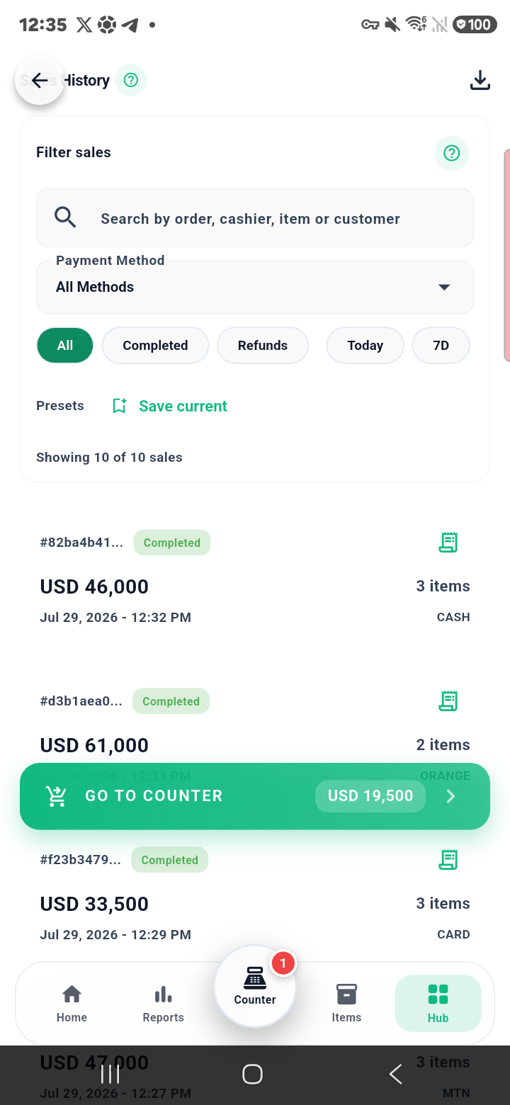 Ten completed sales history on Samsung phone