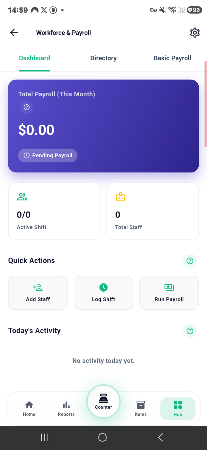 Mechia Workforce and Payroll attendance dashboard captured on a Samsung phone