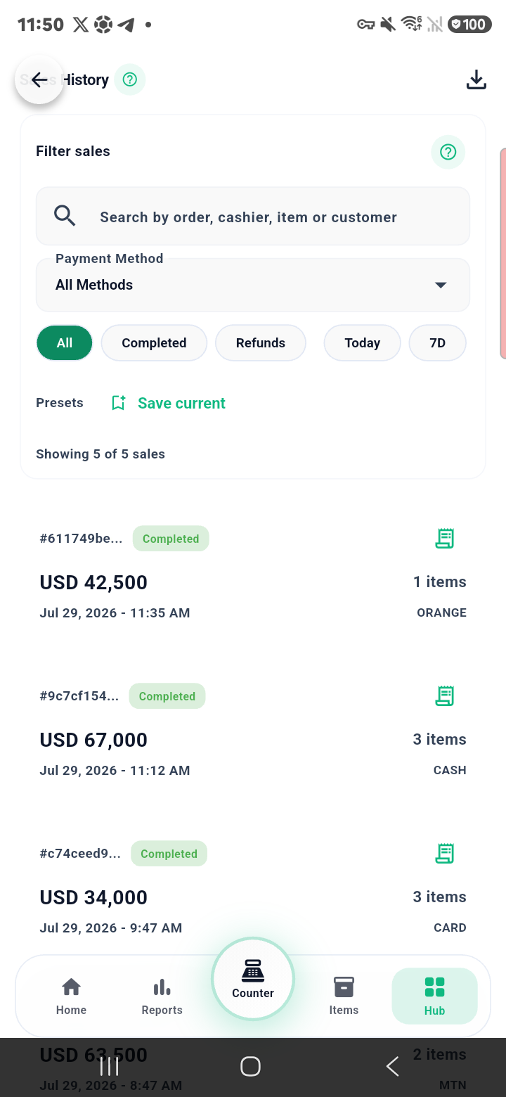 Mechia Store completed sales history captured on a Samsung phone